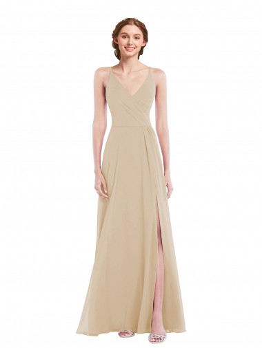 Comprar Linha A Decote V Chiffon Comprimento Chão Champanhe Longo Vestidos de Madrinha
