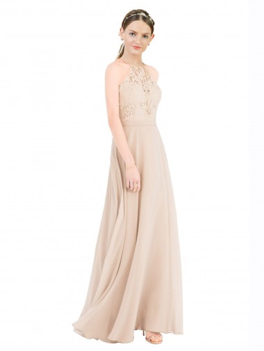 Comprar Linha A Decote Alto Chiffon & Renda Comprimento Chão Champanhe Vestidos de Madrinha / Vestidos de Festa