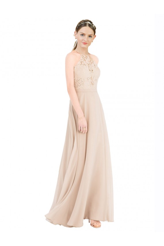 Comprar Linha A Decote Alto Chiffon & Renda Comprimento Chão Champanhe Vestidos de Madrinha / Vestidos de Festa