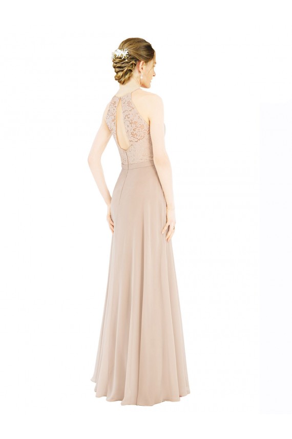 Comprar Linha A Decote Alto Chiffon & Renda Comprimento Chão Champanhe Vestidos de Madrinha / Vestidos de Festa