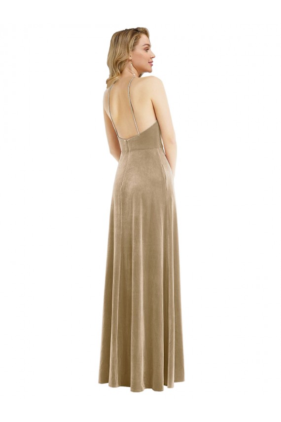 Comprar Linha A Decote Alto Veludo Elástico Comprimento Chão Champanhe Vestidos de Madrinha / Vestidos de Festa