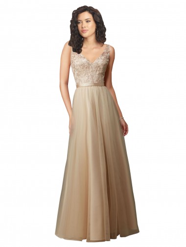 Comprar Linha A Decote V Tule & Renda Comprimento Chão Champanhe Vestidos de Madrinha
