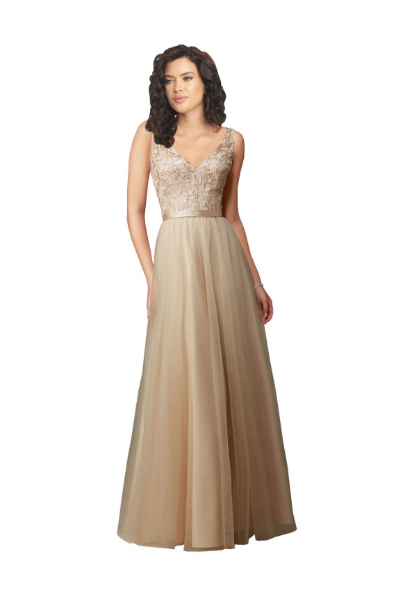 Comprar Linha A Decote V Tule & Renda Comprimento Chão Champanhe Vestidos de Madrinha