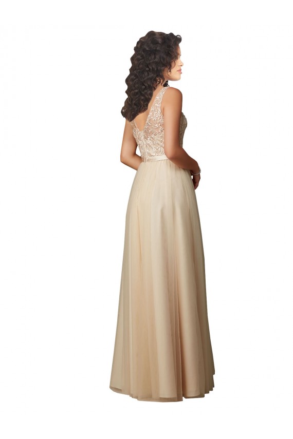 Comprar Linha A Decote V Tule & Renda Comprimento Chão Champanhe Vestidos de Madrinha