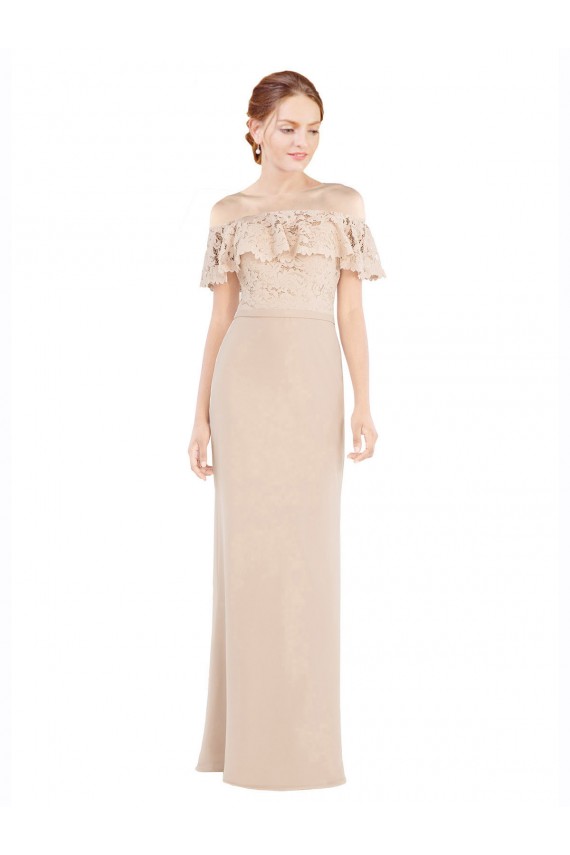 Comprar Linha A Fora do Ombro Chiffon & Renda Comprimento Chão Champanhe Vestidos de Madrinha / Vestidos de Festa