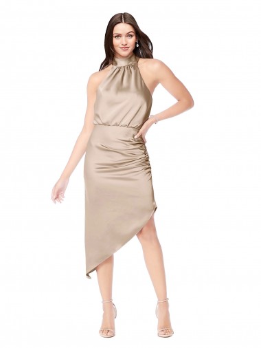 Comprar Linha A Cabeçada Cetim Sedoso Alto Baixo Champanhe Rosa Vestidos de Madrinha / Vestidos de Festa / Vestidos de Cocktail / Vestidos de Homecoming