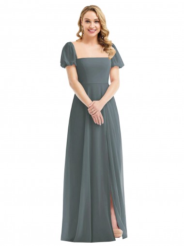 Comprar Linha A Decote Quadrado Chiffon Comprimento Chão Cinza Ardósia Vestidos de Madrinha