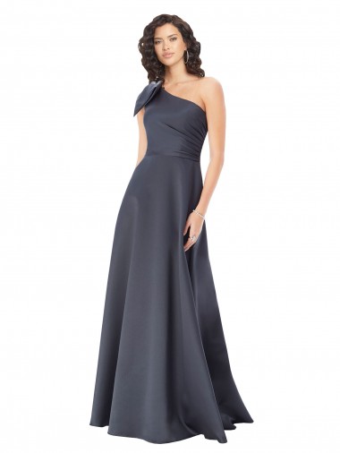 Comprar Linha A Um Ombro Cetim Comprimento Chão Cinza Ardósia Vestidos de Madrinha / Vestidos de Noite / Vestidos de Festa