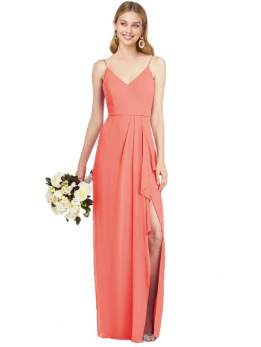 Comprar Trombeta Decote V Chiffon Comprimento Chão Coral Vestidos de Madrinha