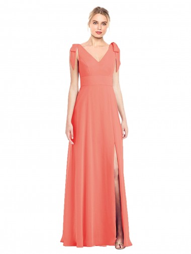 Comprar Trombeta Decote V Chiffon Comprimento Chão Coral Longo Vestidos de Madrinha