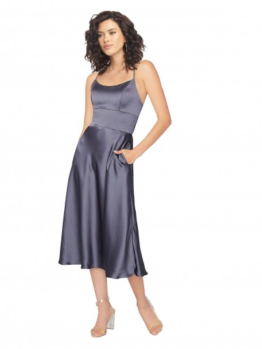Comprar Linha A Colher Cetim Sedoso Comprimento Midi Crepúsculo Vestidos de Madrinha / Vestidos de Festa / Vestidos de Cocktail / Vestidos de Homecoming