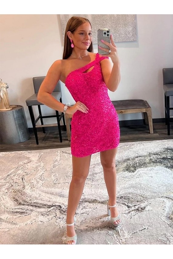 Comprar Bainha Um Ombro Lantejoulas Veludo Curto Fúcsia Vestidos de Festa
