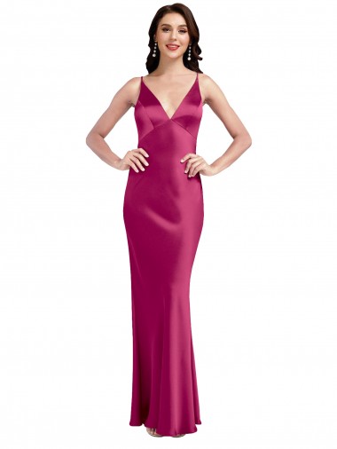 Comprar Linha A Decote V Cetim Elástico Comprimento Chão Fúcsia Vestidos de Madrinha / Vestidos de Noite / Vestidos de Festa