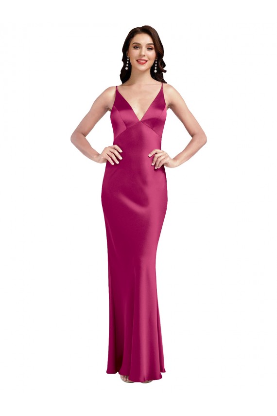 Comprar Linha A Decote V Cetim Elástico Comprimento Chão Fúcsia Vestidos de Madrinha / Vestidos de Noite / Vestidos de Festa