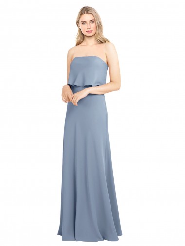 Comprar Bainha Decote Alto Crepe Esticado Comprimento Chão Fumo Azul Vestidos de Madrinha / Vestidos de Noite / Vestidos de Festa