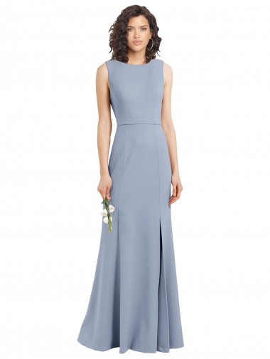 Comprar Bainha Decote Alto Crepe Esticado Comprimento Chão Fumo Azul Vestidos de Madrinha