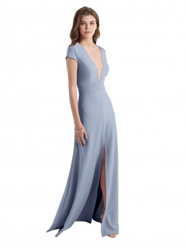 Comprar Bainha Decote Alto Crepe Esticado Comprimento Chão Fumo Azul Vestidos de Madrinha / Vestidos de Festa