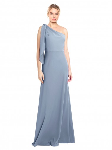 Comprar Bainha Um Ombro Crepe Esticado Comprimento Chão Fumo Azul Vestidos de Madrinha / Vestidos de Noite / Vestidos de Festa