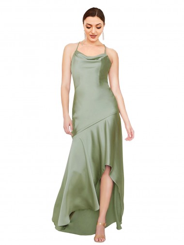 Comprar Linha A Decote Capuz Cetim Sedoso Alto Baixo Fumo Verde Vestidos de Madrinha / Vestidos de Noite / Vestidos de Festa