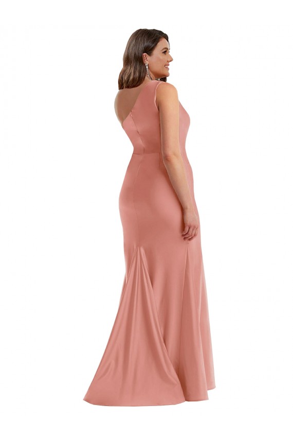 Comprar Sereia Um Ombro Cetim Sedoso Comprimento Chão Geórgia Pêssego Vestidos de Madrinha / Vestidos de Noite / Vestidos de Festa