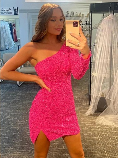 Comprar Bainha Um Ombro Lantejoulas Veludo Curto  Mangas Compridas Vestidos de Festa