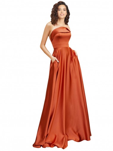 Comprar Linha A Decote redondo Cetim Sedoso Comboio Varredela Laranja Queimada Vestidos de Madrinha / Vestidos de Noite / Vestidos de Festa