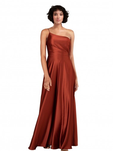 Comprar Linha A Um Ombro Cetim Sedoso Comprimento Chão Laranja Queimada Vestidos de Madrinha / Vestidos de Noite / Vestidos de Festa