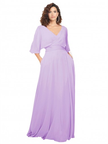 Comprar Linha A Decote V Chiffon Comprimento Chão Lilás Longo Vestidos de Madrinha