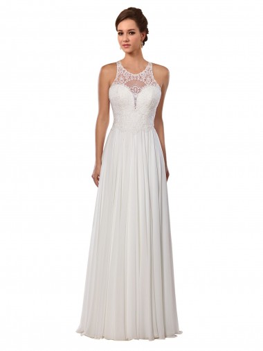 Comprar Bainha Decote Ilusão Chiffon Comboio Capela Marfim Vestidos de Noiva