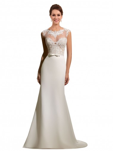 Comprar Bainha Decote Ilusão Chiffon & Renda Comboio Capela Marfim Vestidos de Noiva