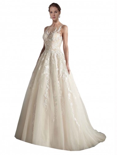 Comprar Linha A Decote Ilusão Tule Comboio Capela Marfim & Champanhe Vestidos de Noiva