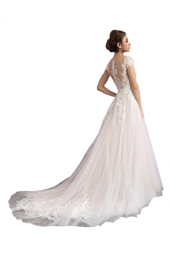 Comprar Linha A Decote Ilusão Tule & Renda Comboio Catedral Marfim & Champanhe Vestidos de Noiva