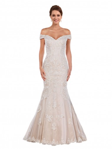 Comprar Sereia Fora do Ombro Renda Comboio Capela Marfim & Champanhe Vestidos de Noiva
