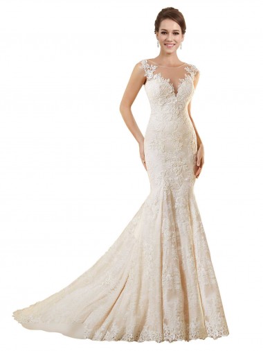 Comprar Sereia Decote Ilusão Renda Comboio Capela Marfim & Champanhe Vestidos de Noiva