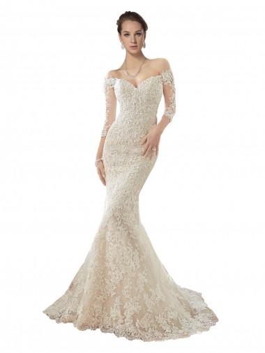 Comprar Sereia Fora do Ombro Tule & Renda Comboio Capela Marfim & Champanhe Vestidos de Noiva