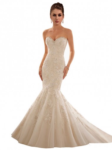 Comprar Sereia Amor Tule & Renda Comboio Capela Marfim & Champanhe Sem Mangas Longo Vestidos de Noiva