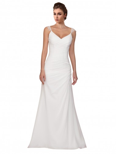 Comprar Bainha Decote V Chiffon Comboio Capela Marfim Vestidos de Noiva