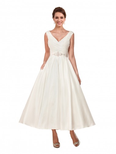 Comprar Linha A Decote V Cetim Comprimento Tornozelo Marfim Vestidos de Noiva
