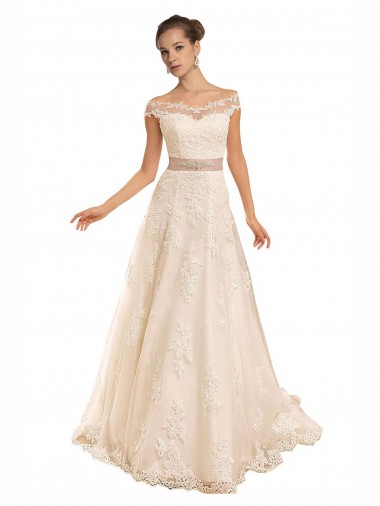 Comprar Linha A Fora do Ombro Renda Comboio Capela Marfim Vestidos de Noiva