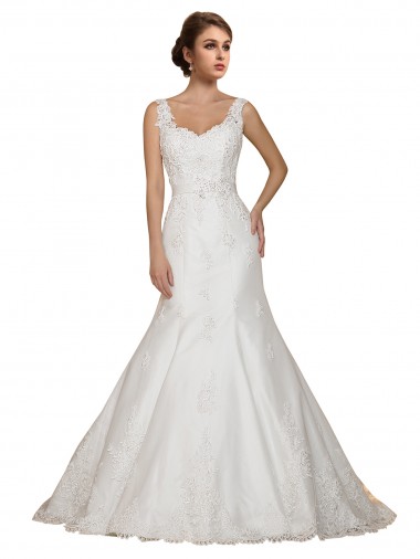 Comprar Sereia Decote V Renda Comboio Capela Marfim Mangas Curtas Vestidos de Noiva