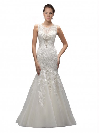 Comprar Sereia Decote Ilusão Tule & Renda Comboio Varredela Marfim Vestidos de Noiva