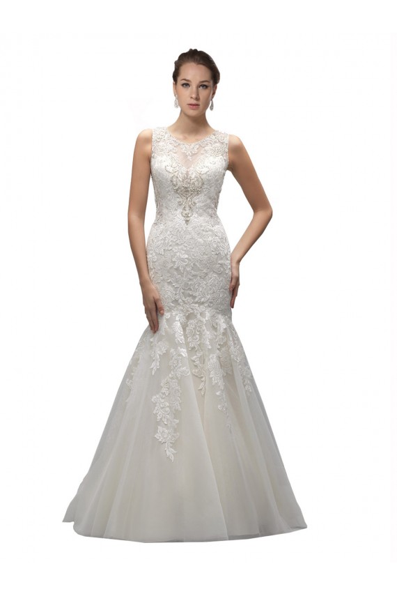 Comprar Sereia Decote Ilusão Tule & Renda Comboio Varredela Marfim Vestidos de Noiva
