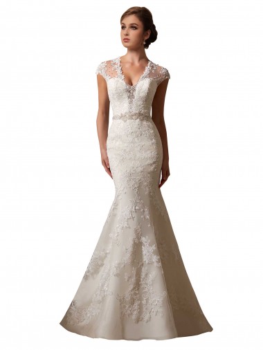Comprar Sereia Decote V Tule & Renda Comboio Capela Marfim Mangas Curtas Vestidos de Noiva