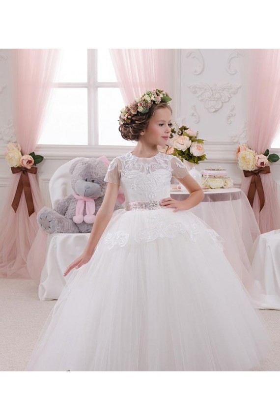 Comprar Vestido de Baile Amor Tule & Renda Comprimento Chão Marfim Vestidos para meninas de flores