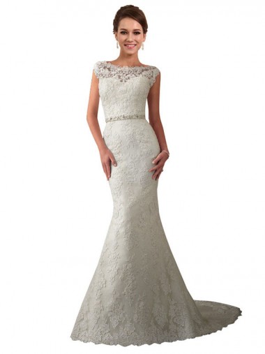 Comprar Sereia Decote Ilusão Tule & Renda Comboio Capela Marfim Vestidos de Noiva Vestidos de Baile