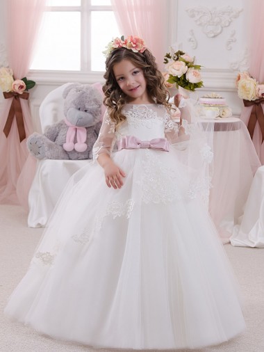 Comprar Vestido de Baile Barco Tule & Renda Comboio Capela Marfim Longo Vestidos para meninas de flores