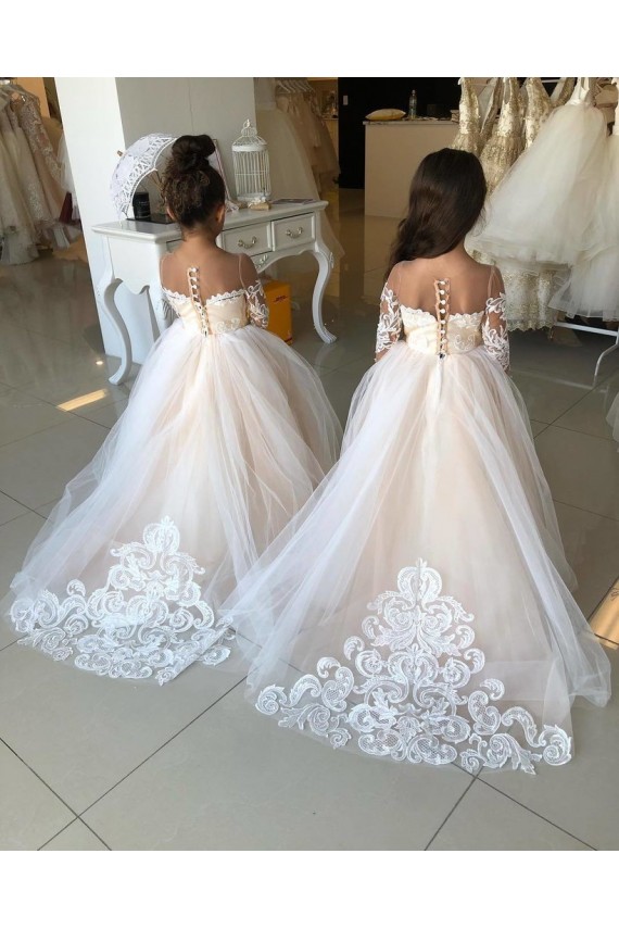 Comprar Vestido de Baile Amor Tule & Renda Comboio Capela Marfim Mangas Compridas Vestidos para meninas de flores