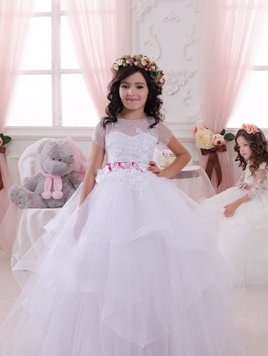 Comprar Vestido de Baile Amor Tule & Renda Comprimento Chão Marfim Mangas Curtas Vestidos para meninas de flores