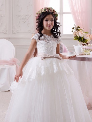 Comprar Vestido de Baile Amor Tule & Renda Comprimento Chão Marfim Vestidos para meninas de flores Vestidos de Baile