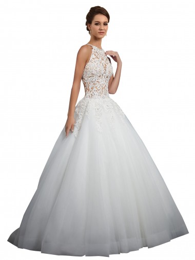 Comprar Vestido de Baile Decote Alto Tule & Renda Comboio Capela Marfim Vestidos de Noiva